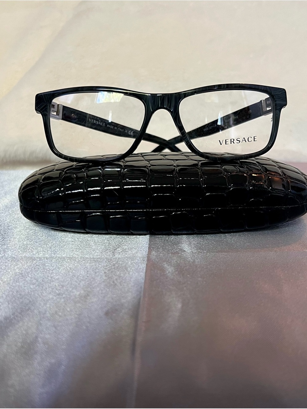 Versace Men's blue marble Rectangular Frame Glasses MADE IN ITALY